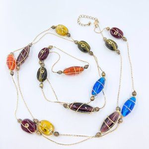 NWOT - Stunning Wire Wrapped Glass Bead Gold Tone Single Strand 58” Necklace